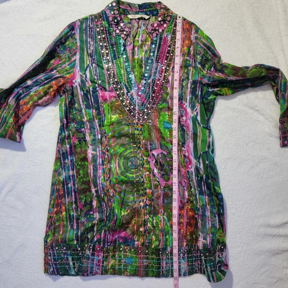 Soft Surroundings Mosaic Tunic Artsy Embroidery Tie Dye Jade Multi Womens Sz S - Picture 10 of 12